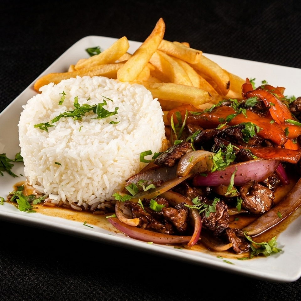 Peruvian Lomo Saltado with beef, red onions, tomatoes, and cilantro, served with rice and fries.