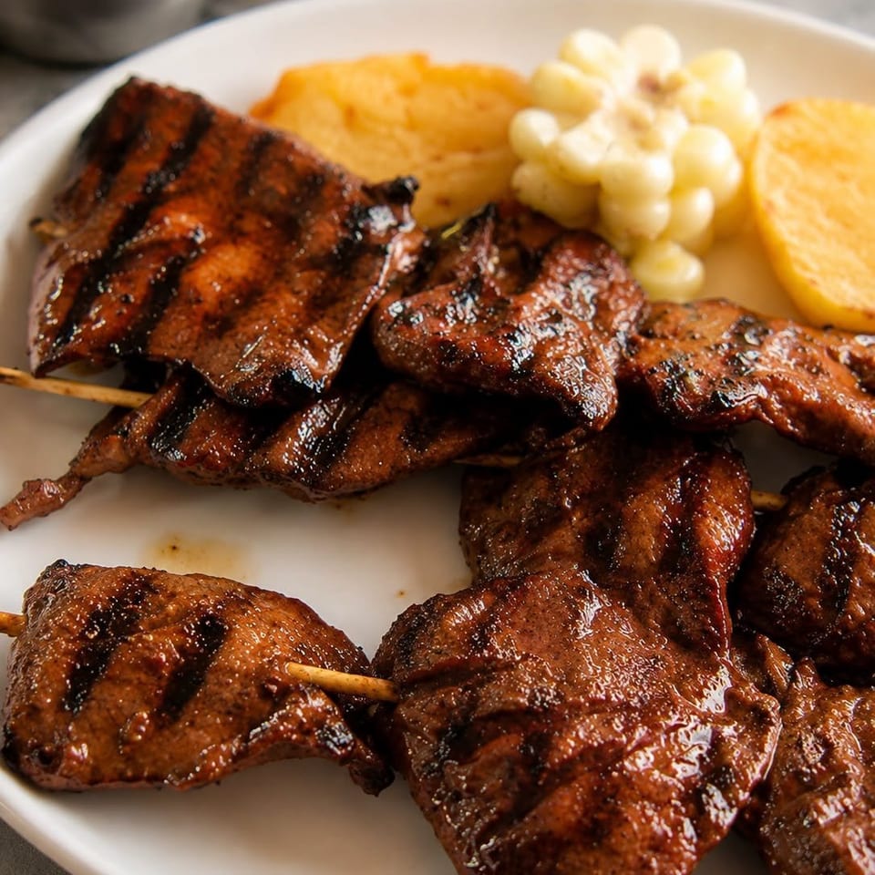 Grilled anticuchos, corn, and potatoes on a white plate with two dipping sauces.