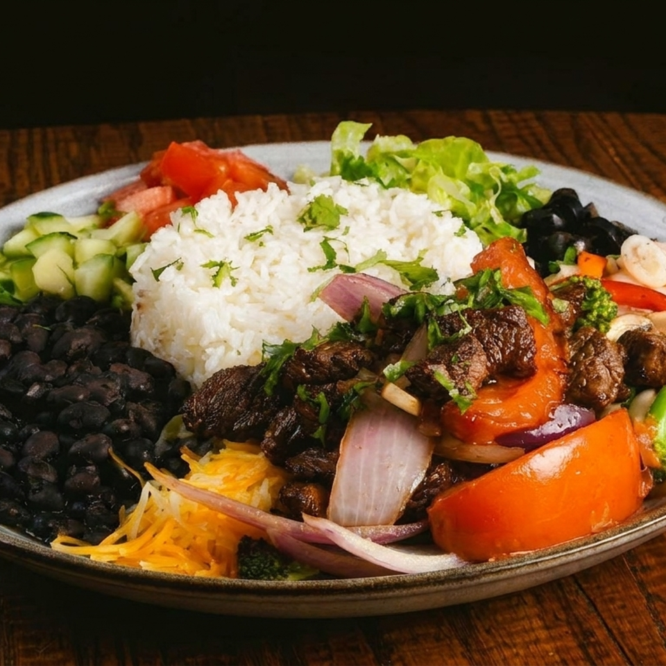 A colorful dish with rice, black beans, beef, vegetables, and salad on a wooden table.
