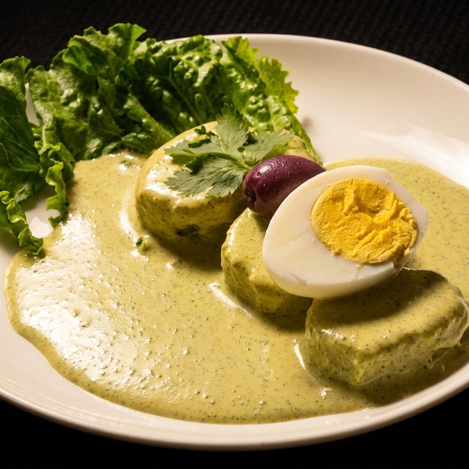 Peruvian causa dish with green sauce, hard-boiled egg, olive, and lettuce on a white plate.